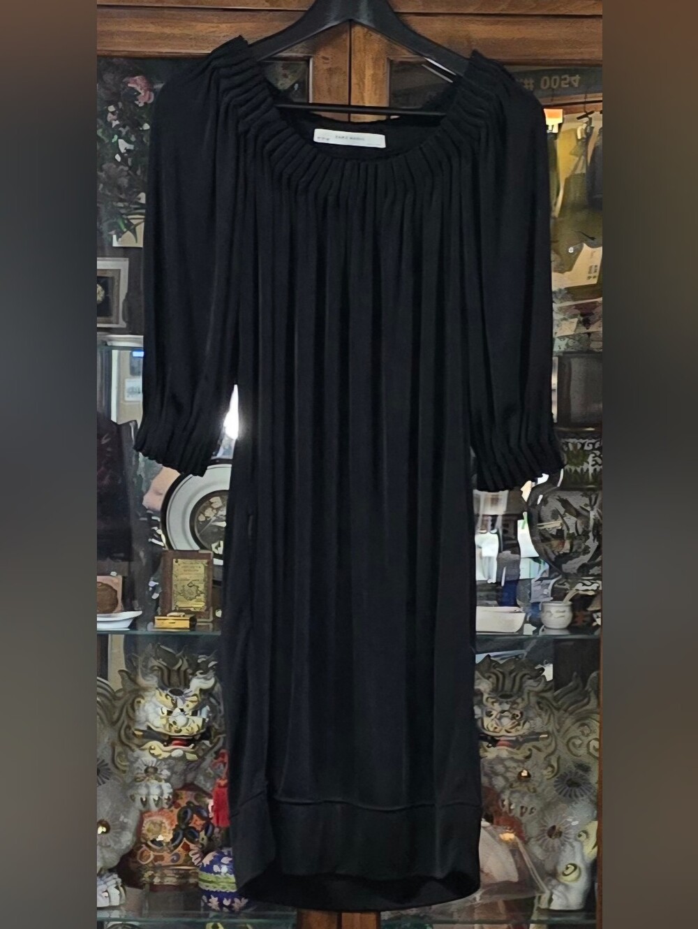 Zara Basic Black Smocked Pleated Neckline Balloon Sleeve Mini Dress